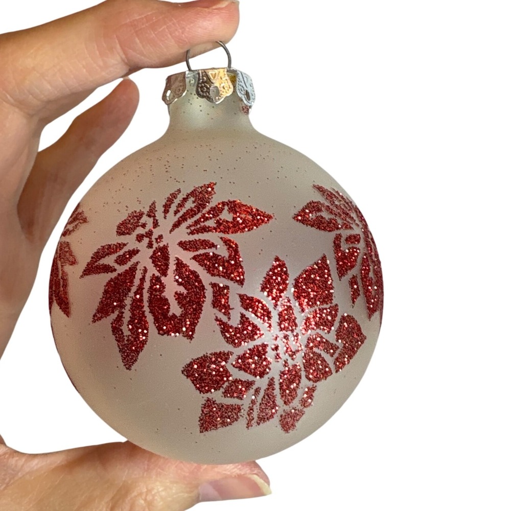 Frosted Glass Christmas Ornament Red Glitter Poinsettia Flowers Vintage Style